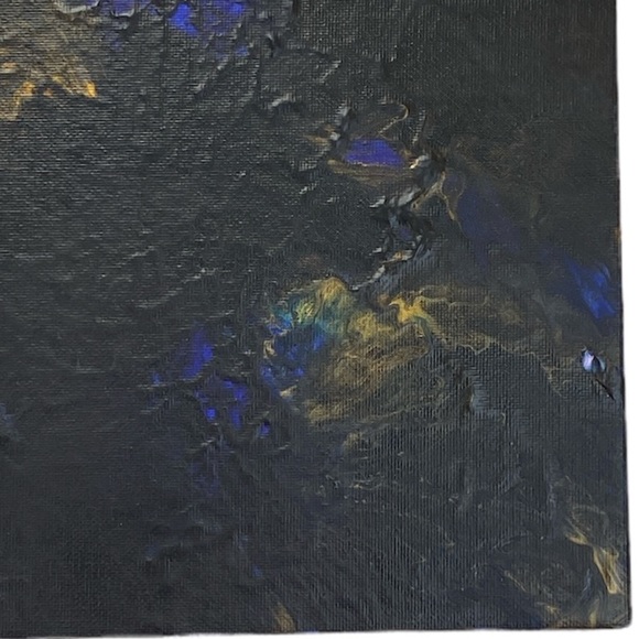 Handmade acrylic pour painting by Svetlana Yeung in blue black and gold 10”x10” - Picture 5 of 11